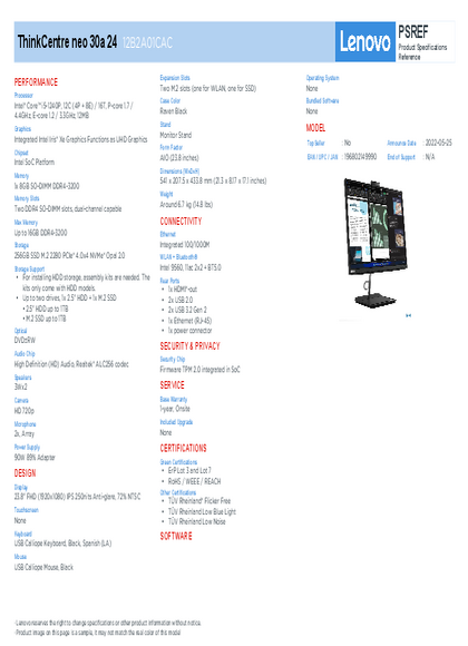 All-In-One Lenovo Neo 30a I5-1240P 8GB 256 SSD 12B2A01CAC - PDF