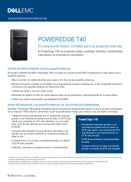 Servidor Dell Poweredge T40 Xeon E-2224 8GB 1TB 300w - Ficha técnica