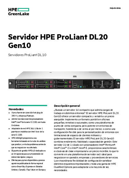 Servidor HPE DL20 Gen 10 E-2224 16GB 550W - PDF
