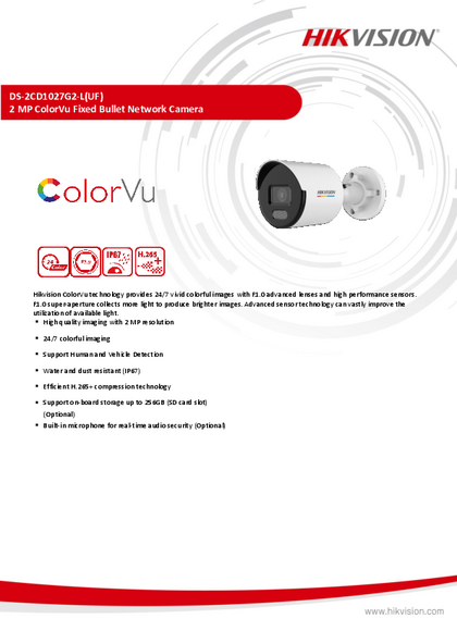 Cámara IP Hikvision Bullet 2MP DS-2CD1027G2-I ColorVu - PDF