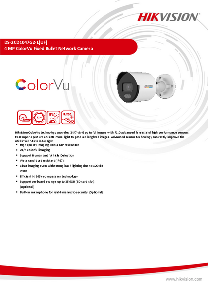 Cámara IP Hikvision Bullet 4MP DS-2CD1047G2-L ColorVu - PDF
