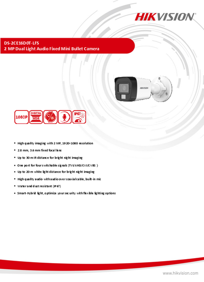 Cámara Analógica Hikvision Bullet 2MP DS-2CE16D0T-LFS - PDF