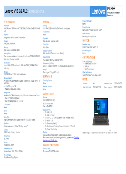 Notebook Lenovo V15 G2 RYZEN 3 8GB SSD256 15,6" 82KD00CCAR - PDF