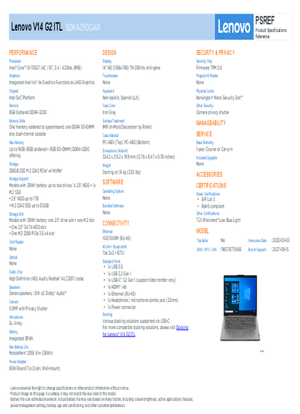 Notebook Lenovo V14 I5-1135G7 8GB SSD256 14" 82KA010GAR - PDF