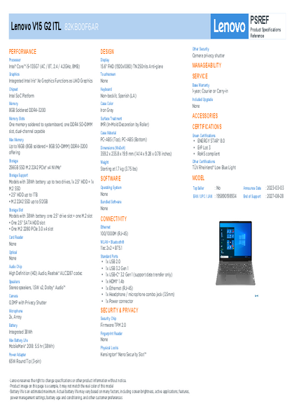 Notebook Lenovo V15 I5‑1135G7 8GB SSD256 15.6" 82KB00F6AR - PDF