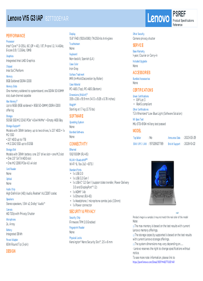Notebook Lenovo V15 G3 I3-1215U 8GB SSD512 15,6" 82TT00EYAR - PDF