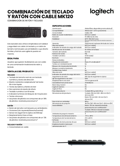 Kit Logitech Teclado y Mouse USB MK120 - PDF