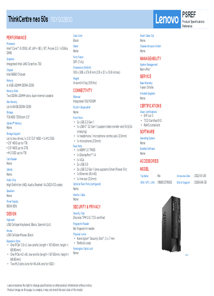 PC Lenovo Neo 50s I3 4GB 1TB HDD 11SYS02B00 - PDF