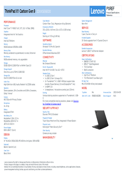 Notebook Lenovo ThinkPad X1 Carbon I7‑1165G7 16GB SSD512 14" 20XXSE6E00 - PDF